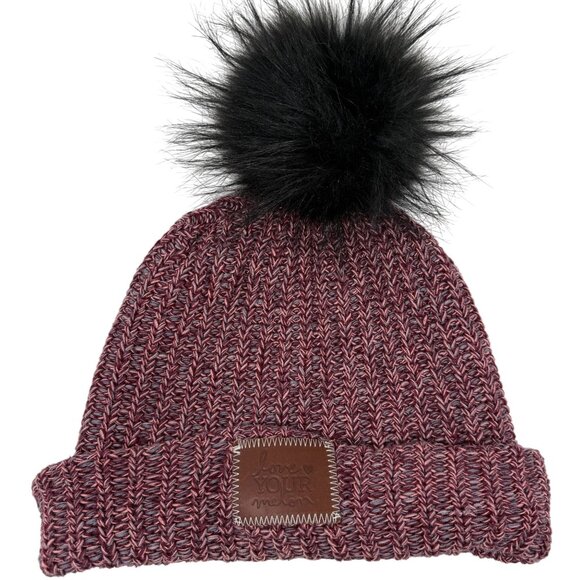 Love Your Melon Knit Beanie Faux Fur Pom Pom 100% Cotton Maroon Black Speckled - Picture 1 of 6